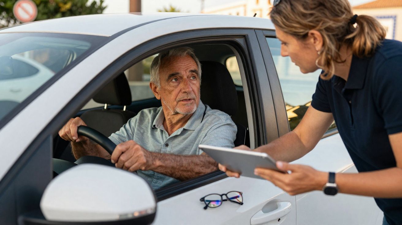 Hombre mayor en coche blanco hablando con mujer que sostiene una tablet junto a la puerta del conductor.