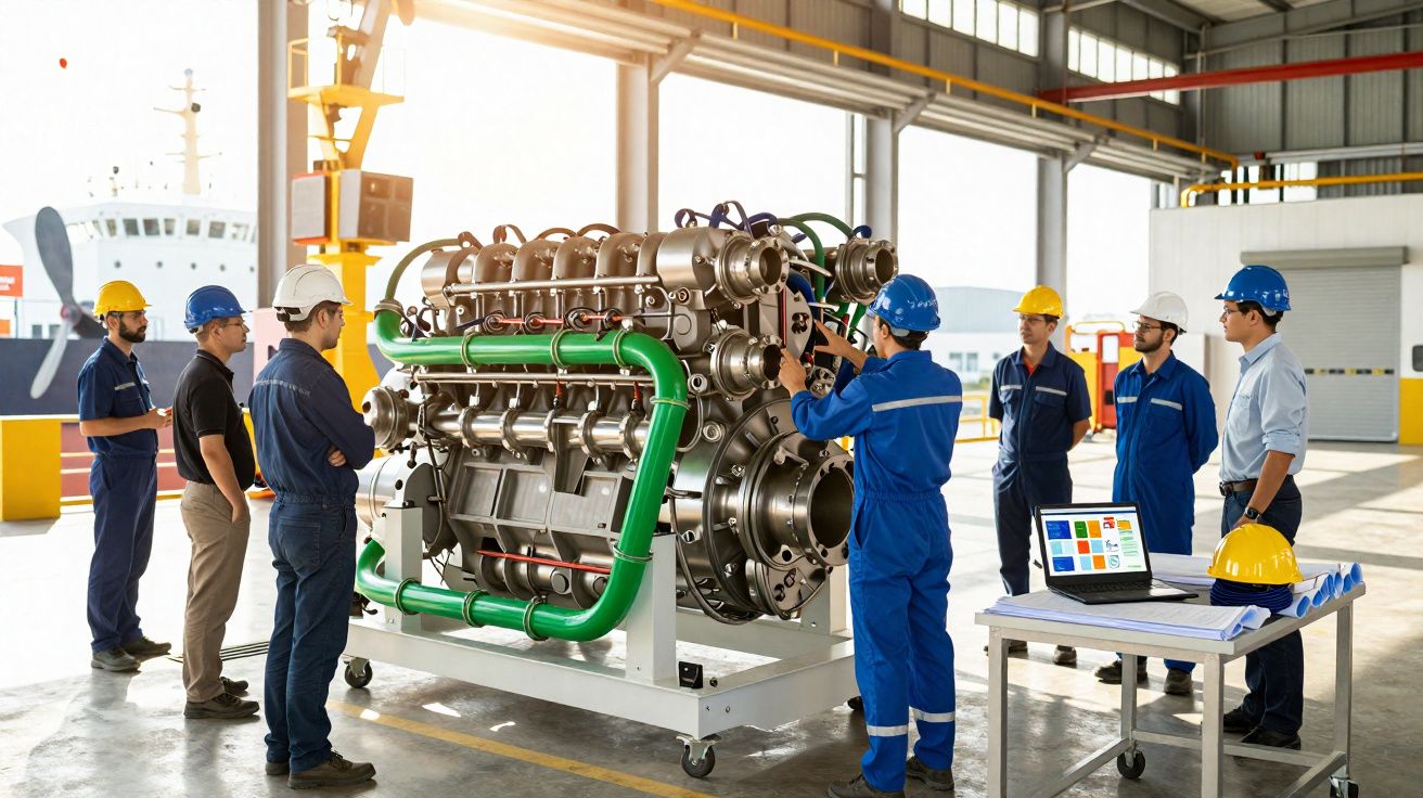 Grupo de ingenieros con cascos revisando un motor grande en un taller industrial con portátil y planos sobre mesa.