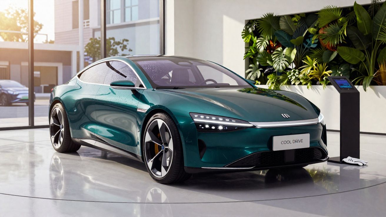 Coche eléctrico deportivo verde oscuro estacionado en showroom moderno con paredes blancas y plantas decorativas.