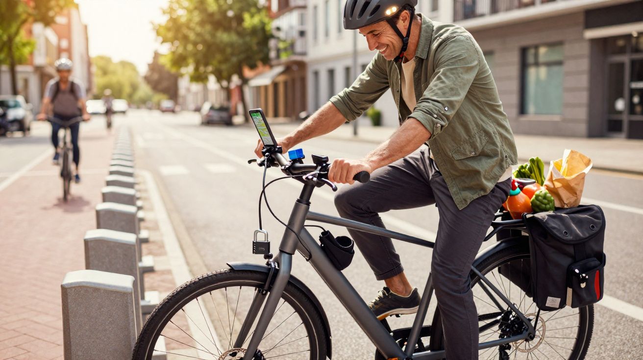Hombre con casco en bicicleta urbana con cesta de compra, usando móvil con mapa en ciudad soleada.