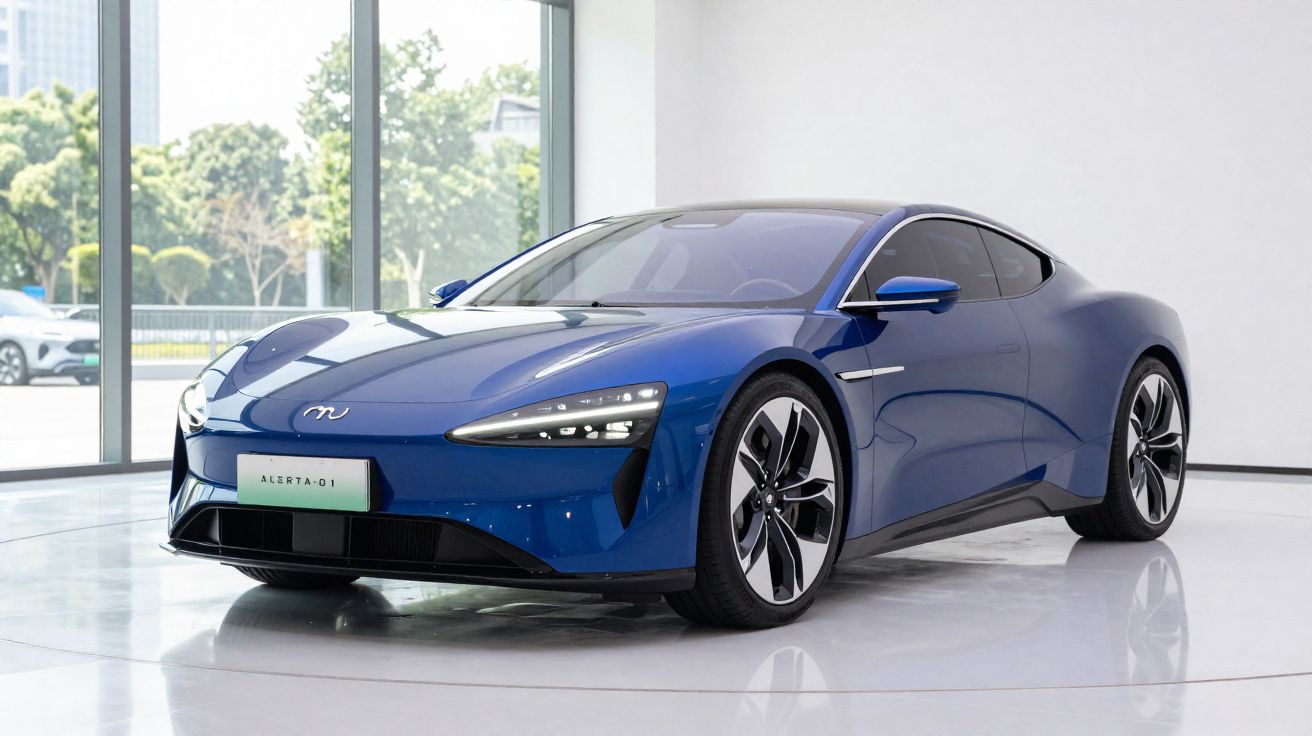 Coche deportivo eléctrico azul brillante en exposición interior con diseño aerodinámico y faros LED modernos.