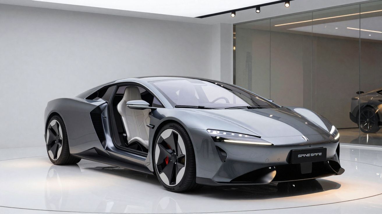 Coche deportivo eléctrico gris oscuro con puertas abiertas y diseño moderno en un showroom minimalista.