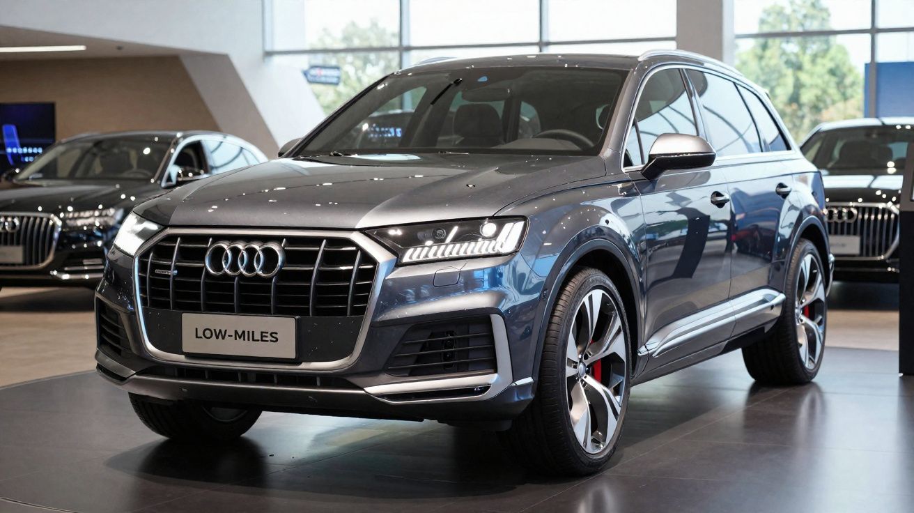 Audi Q7 gris metalizado expuesto en concesionario, vista frontal derecha, matrícula "LOW-MILES".