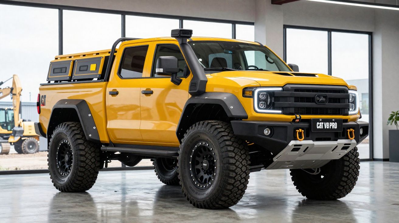 Camioneta todo terreno amarilla CAT V8 PRO aparcada en interior con ventanas grandes y suelo pulido.