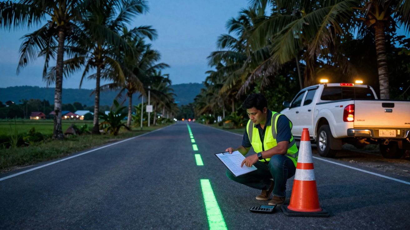 Hombre con chaleco reflectante inspecciona señales luminosas en carretera rural al atardecer junto a un cono y un vehículo.