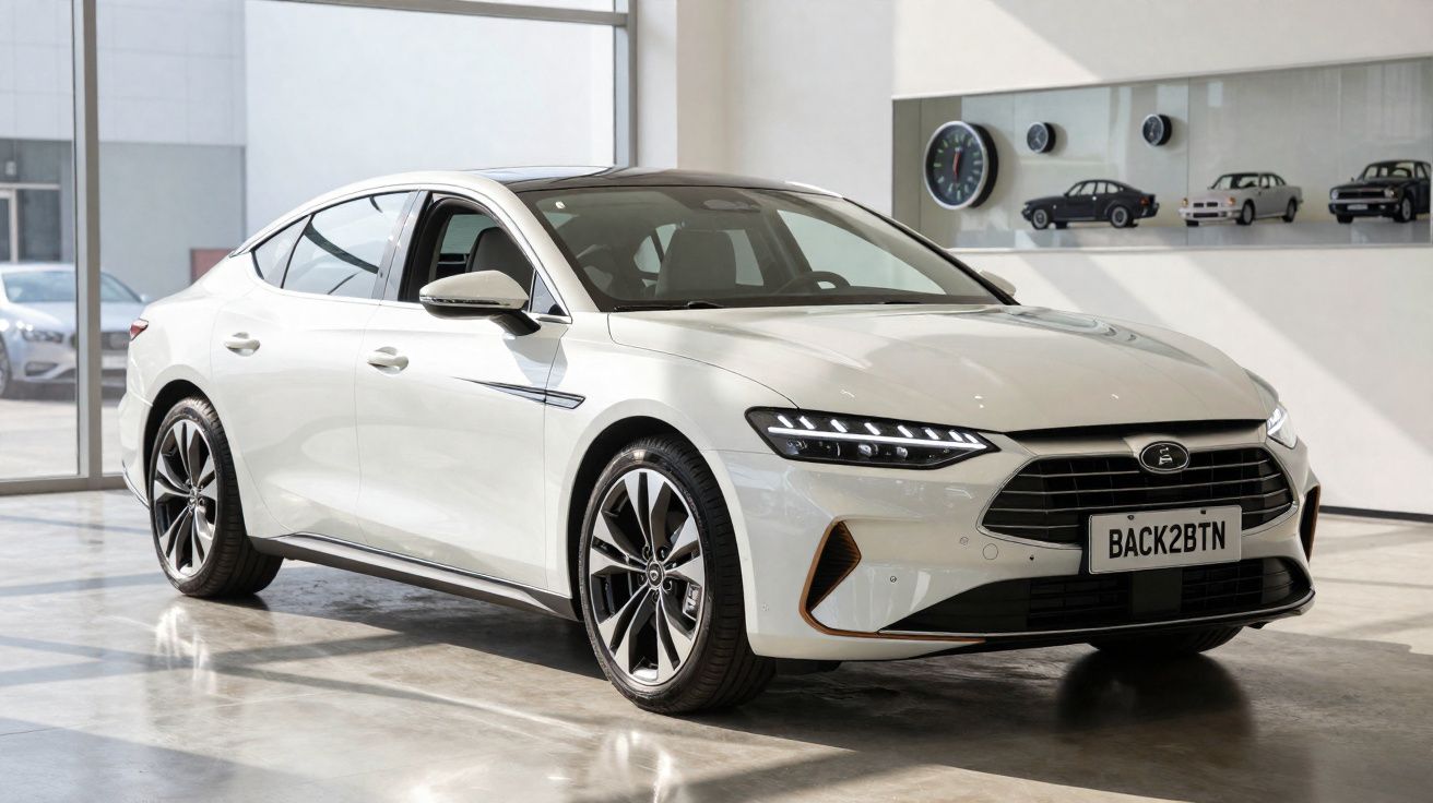Coche sedán blanco con diseño moderno estacionado en un interior luminoso y minimalista.