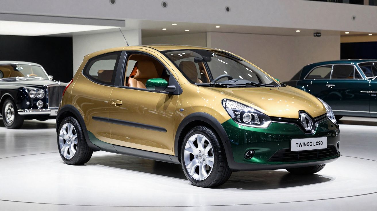 Coche Renault Twingo LX90 bicolor dorado y verde expuesto en un salón del automóvil con otros vehículos clásicos al fondo.