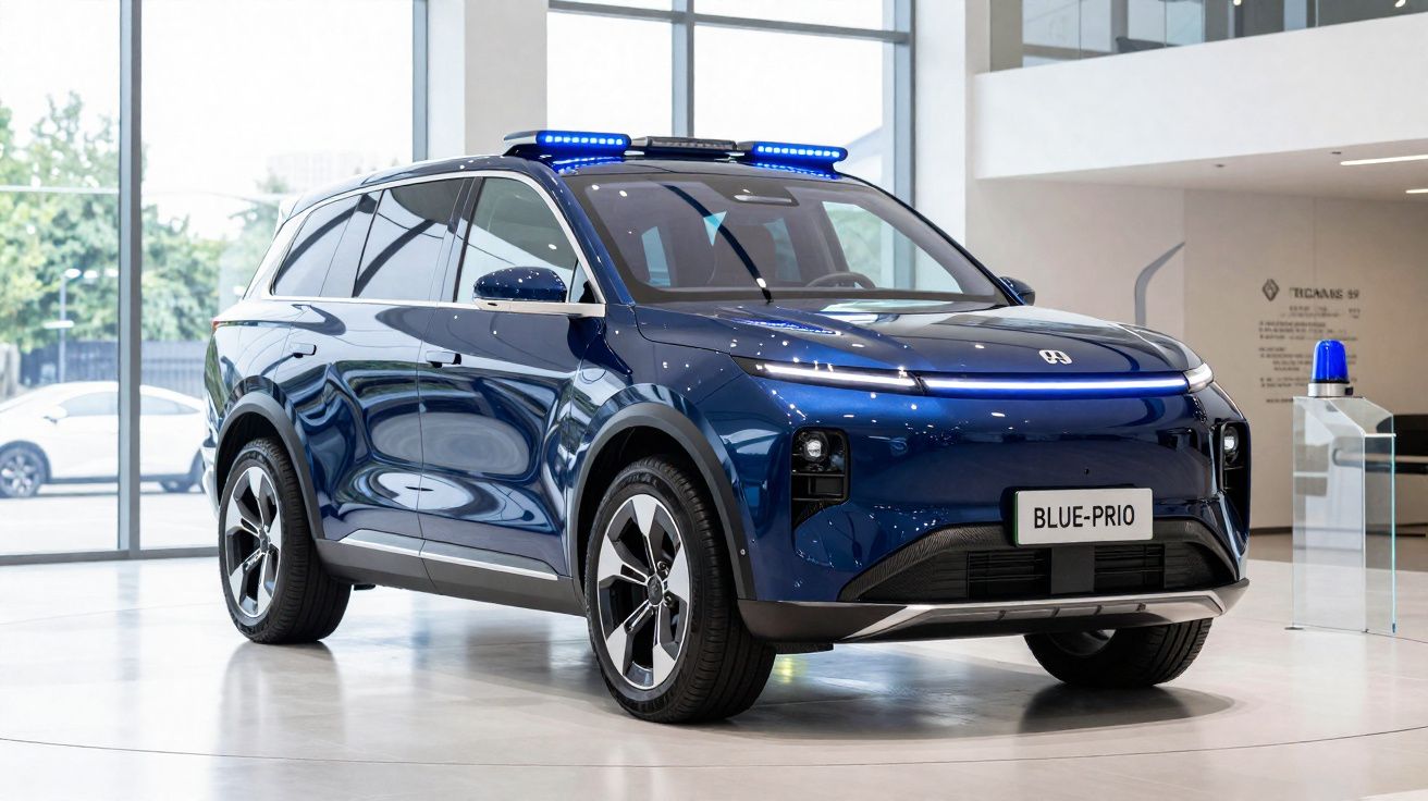 Coche eléctrico azul oscuro con luces azules en el techo, en un escaparate moderno y luminoso.