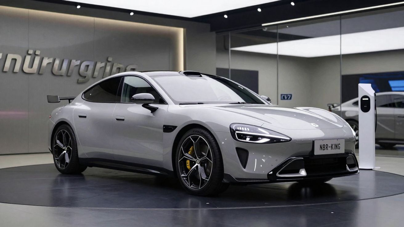 Coche deportivo eléctrico gris expuesto en un salón con carga eléctrica y luces LED encendidas.