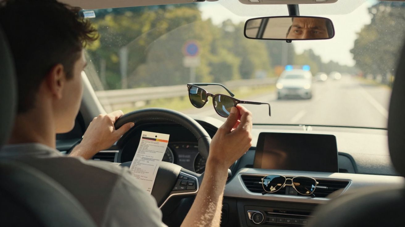 Hombre conduciendo un coche, sostiene gafas de sol y una multa de tráfico con un coche de policía detrás.