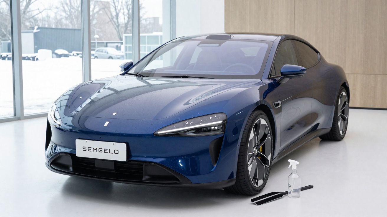 Coche deportivo azul brillante modelo Semgelo expuesto en un salón con suelo blanco y ventanas grandes.