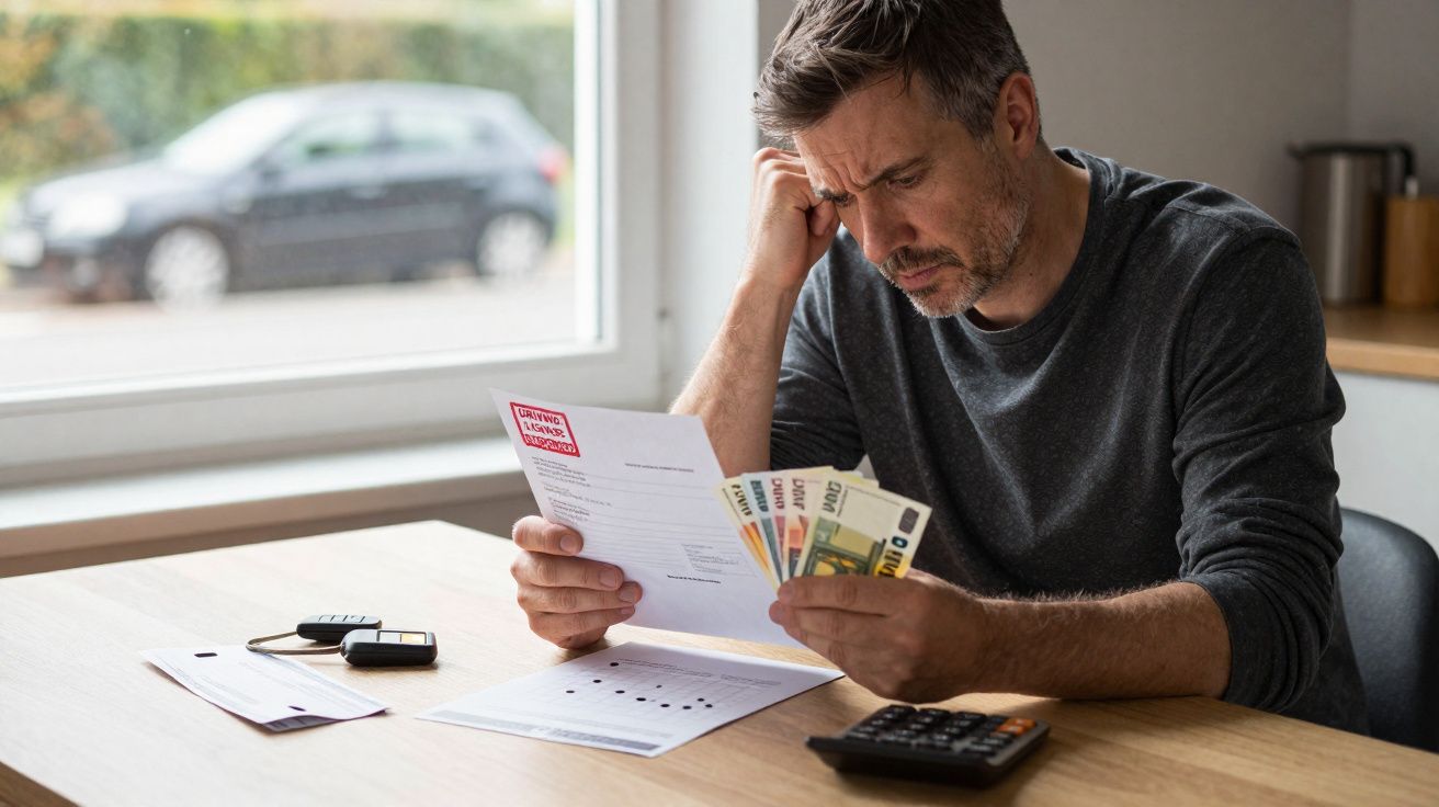 Hombre preocupado revisando factura y sosteniendo billetes euros en una mesa con calculadora y llaves.