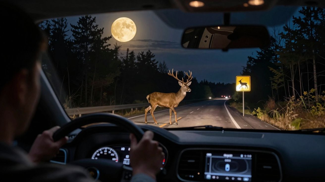 Conductor observa un ciervo atravesando una carretera nocturna iluminada por la luna llena y un cartel de advertencia.