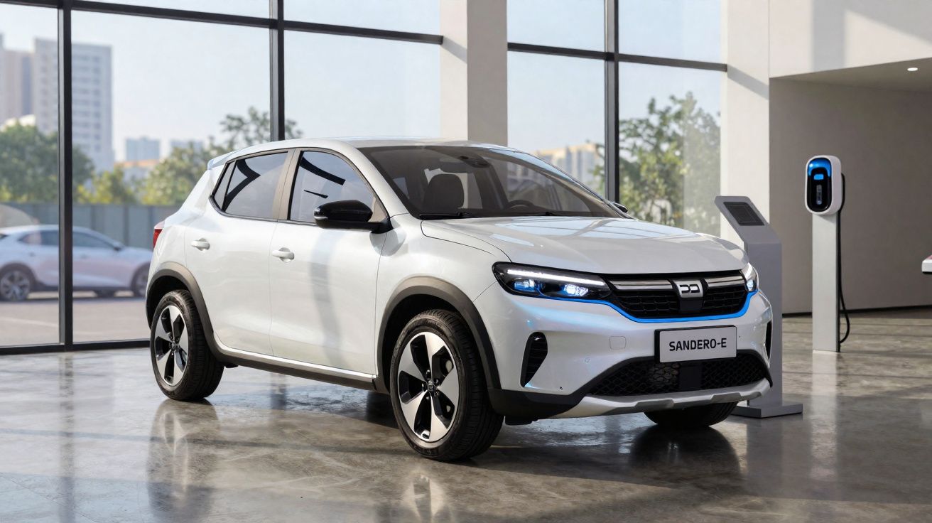 Coche eléctrico blanco modelo Sandero-E estacionado en interior con cargador eléctrico junto a la pared.