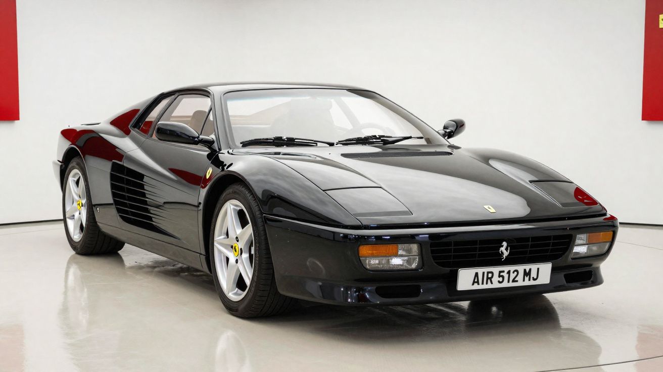 Coche deportivo Ferrari negro clásico, modelo Testarossa, en exposición sobre suelo blanco brillante.