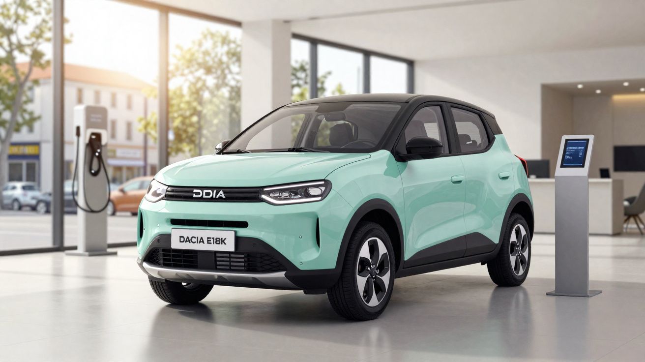 Coche eléctrico Dacia Spring E18K de color verde menta con techo negro en exposición interior moderna.