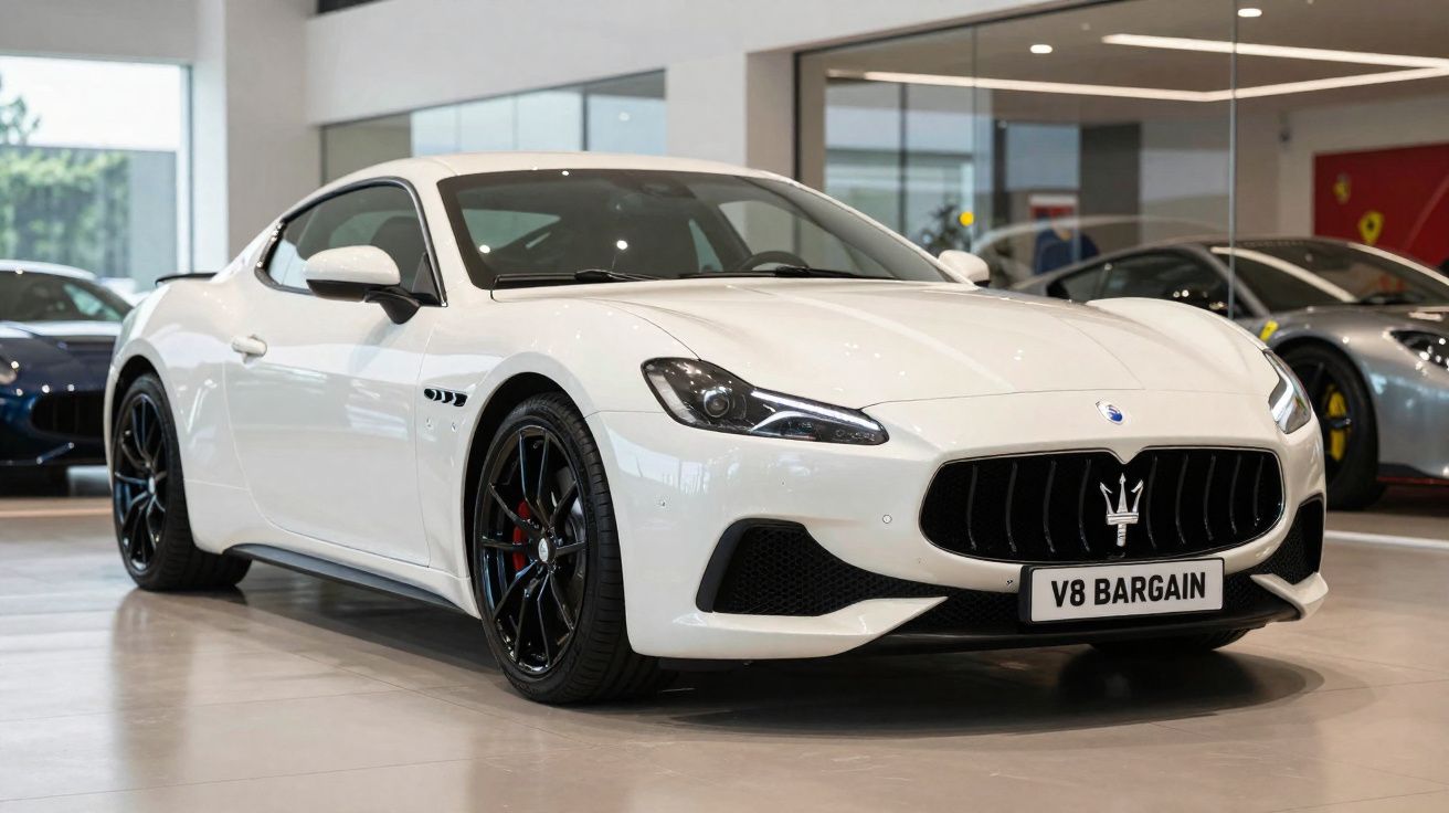 Coche deportivo Maserati blanco estacionado en un concesionario moderno con llantas negras y placa V8 BARGAIN.