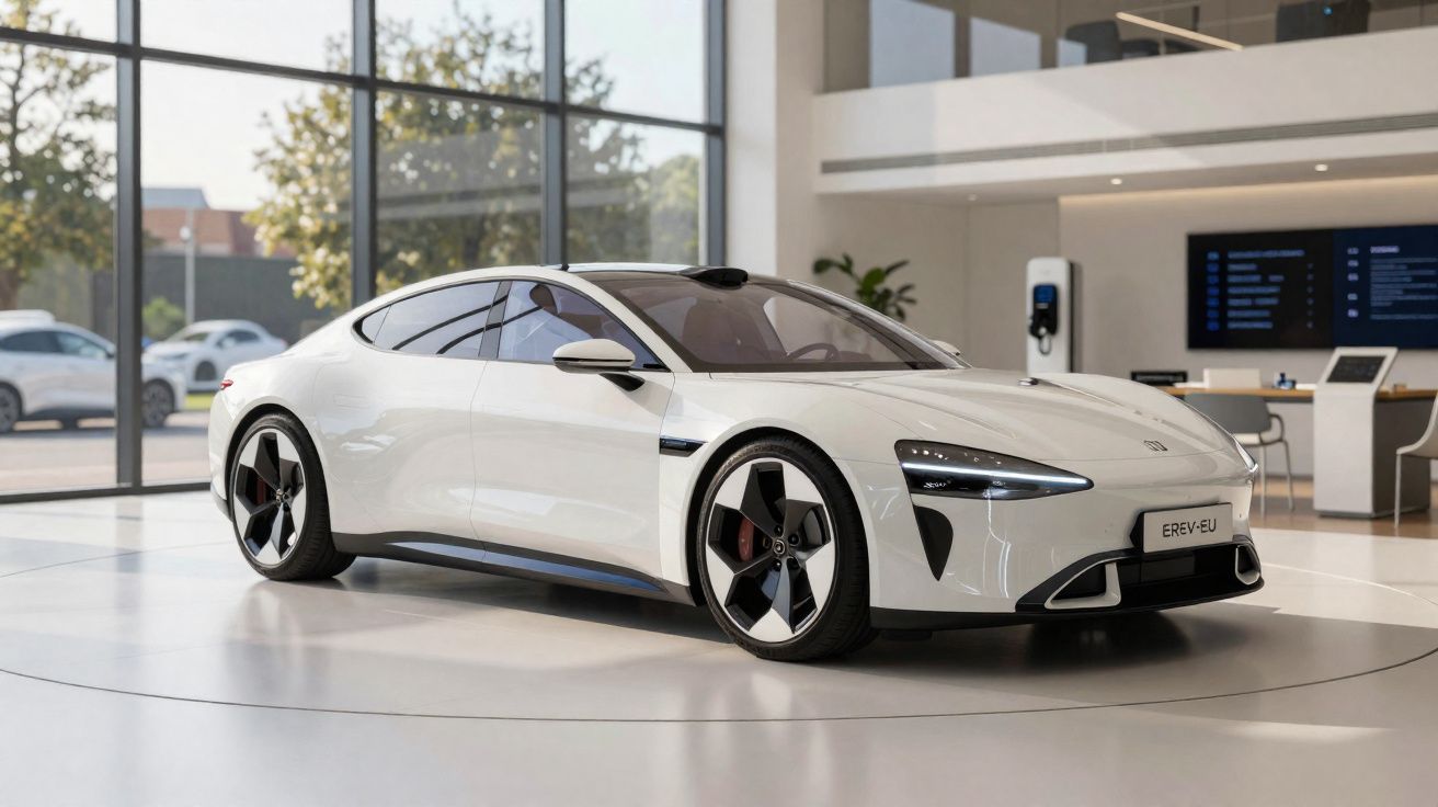 Coche eléctrico blanco de diseño moderno exhibido en un showroom con amplias ventanas y luz natural.