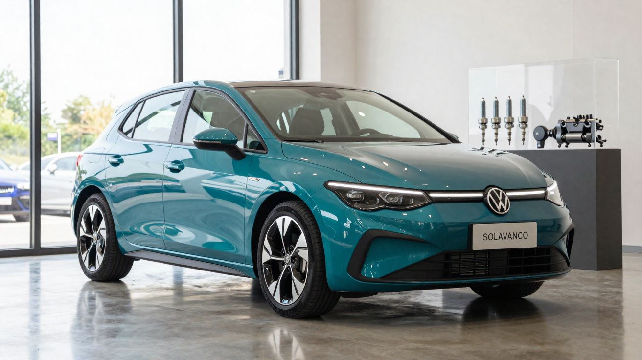 Coche Volkswagen eléctrico azul expuesto en showroom con suelo de cemento y ventana al fondo.