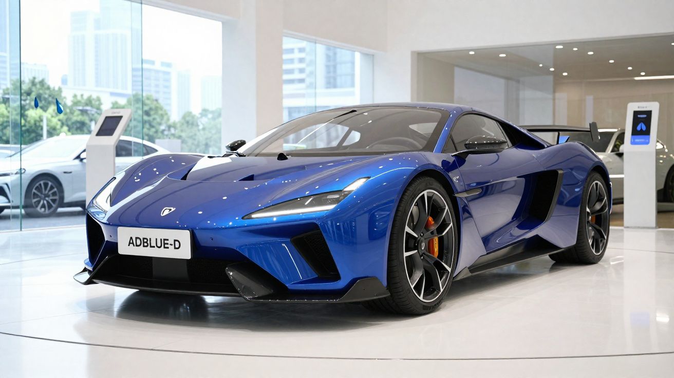 Coche deportivo azul eléctrico expuesto en un showroom moderno con ventanas grandes y decoración minimalista.