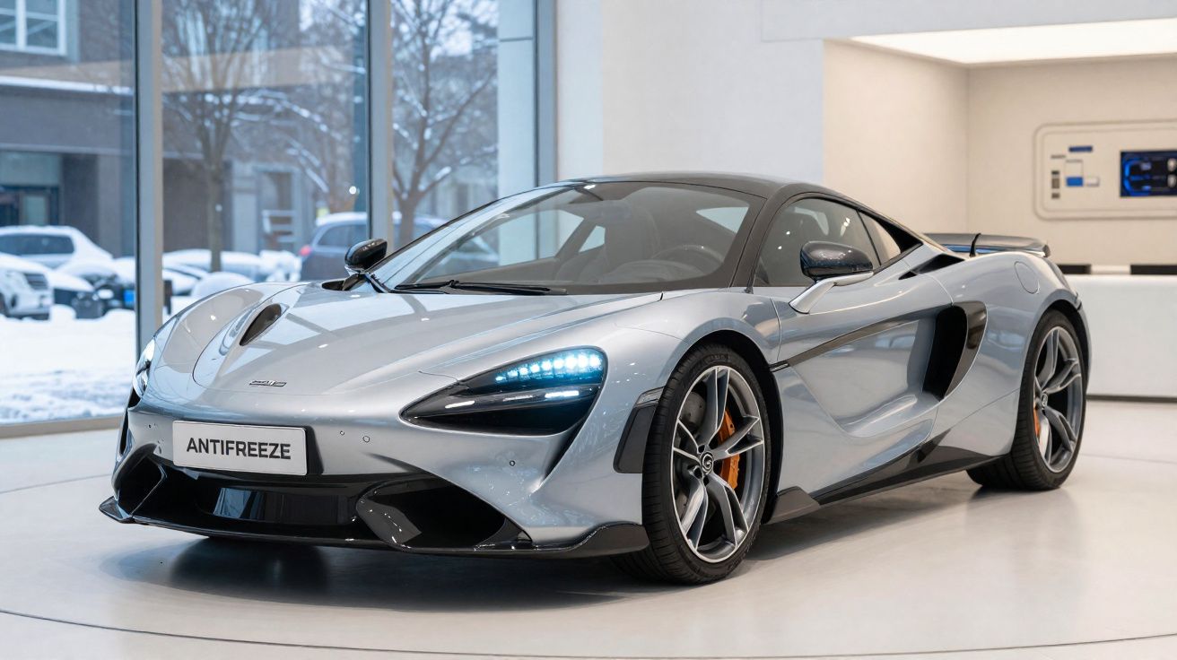Coche deportivo plateado McLaren 720S con luces delanteras encendidas en exhibición interior moderna.