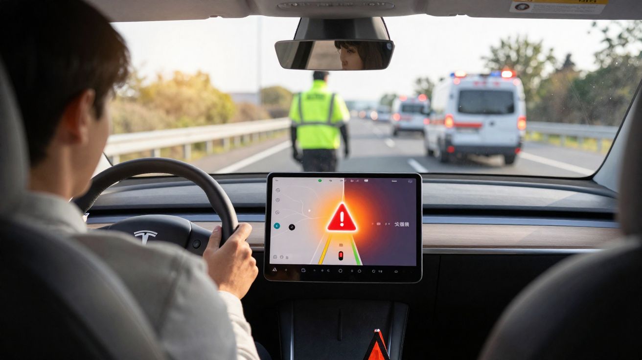 Conductor en un Tesla con un aviso de peligro en la pantalla del coche ante un control policial en la carretera.