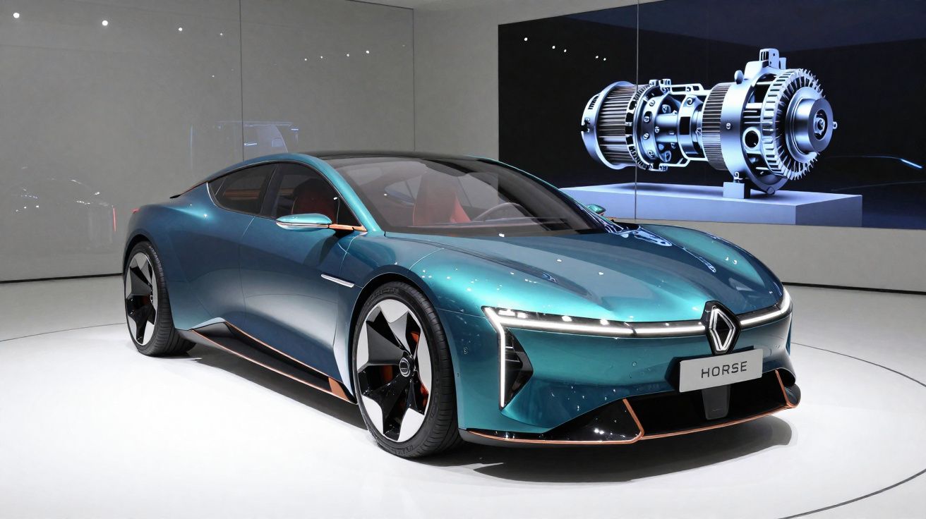 Coche deportivo eléctrico moderno azul y negro expuesto en una sala blanca con pantalla técnica de motor.