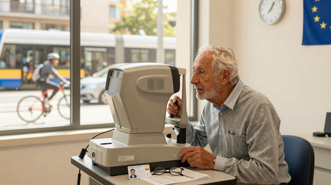 Hombre mayor realiza prueba de visión en clínica con equipo especializado junto a gafas y documento en mesa.