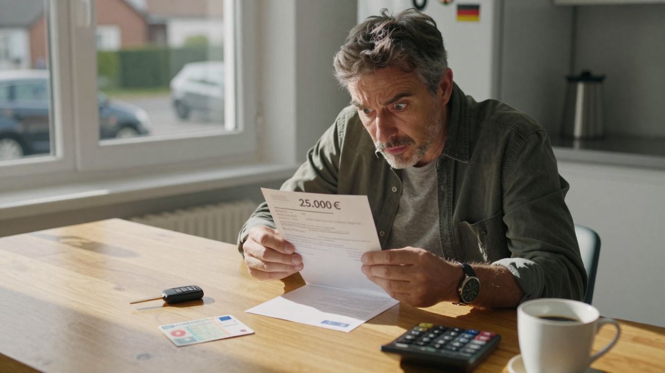 Hombre preocupado leyendo una carta con importe de 25.000 € sentado en una mesa con calculadora y café.