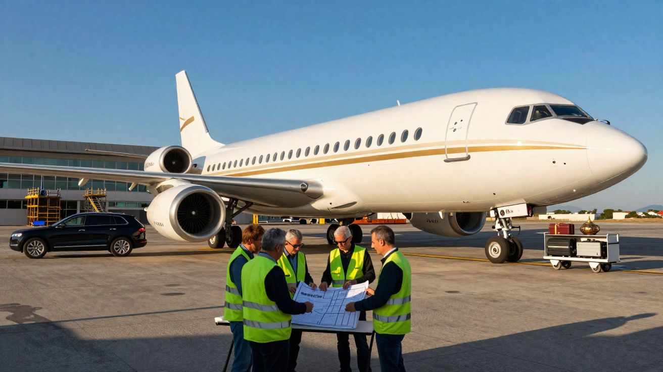 Cinco técnicos con chalecos reflectantes revisan planos frente a un avión privado estacionado en pista de aeropuerto.