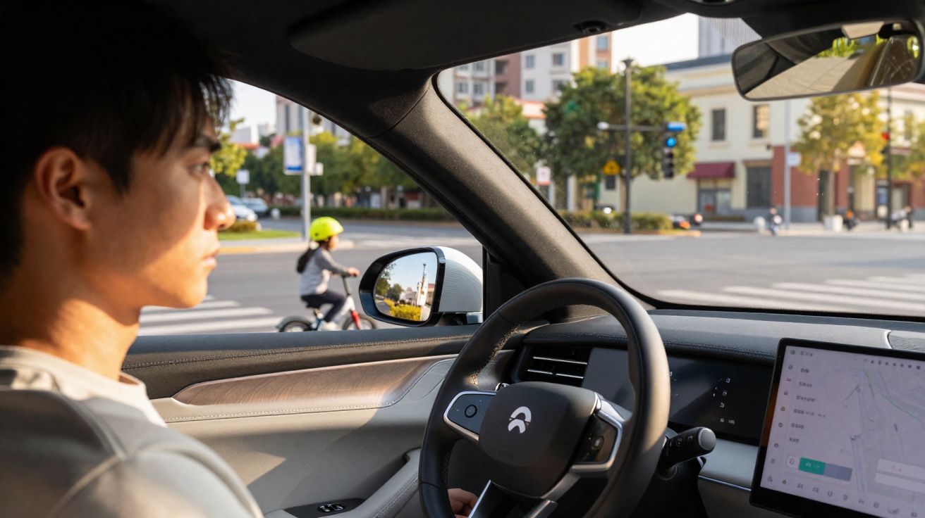 Hombre al volante de un coche eléctrico con ciclista y entorno urbano visible desde el interior.