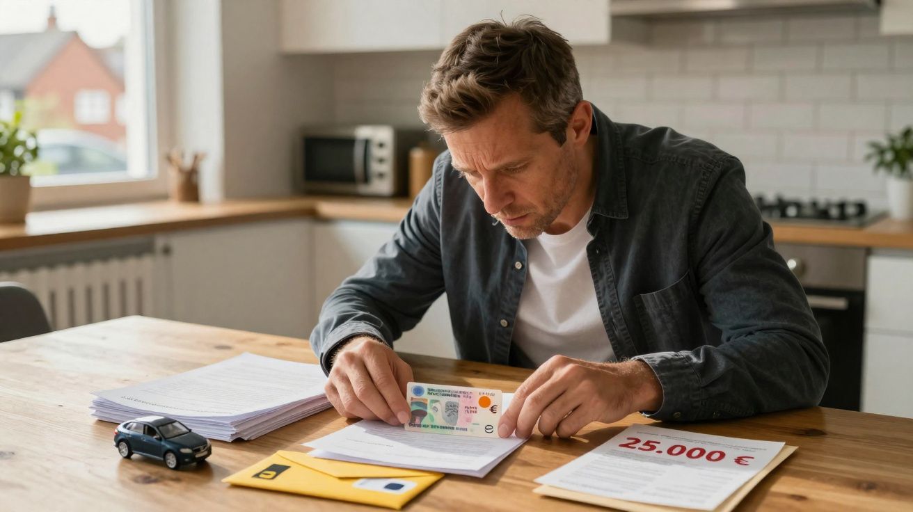 Hombre revisando documentos y carné de conducir en una mesa de cocina junto a un contrato y un coche en miniatura.