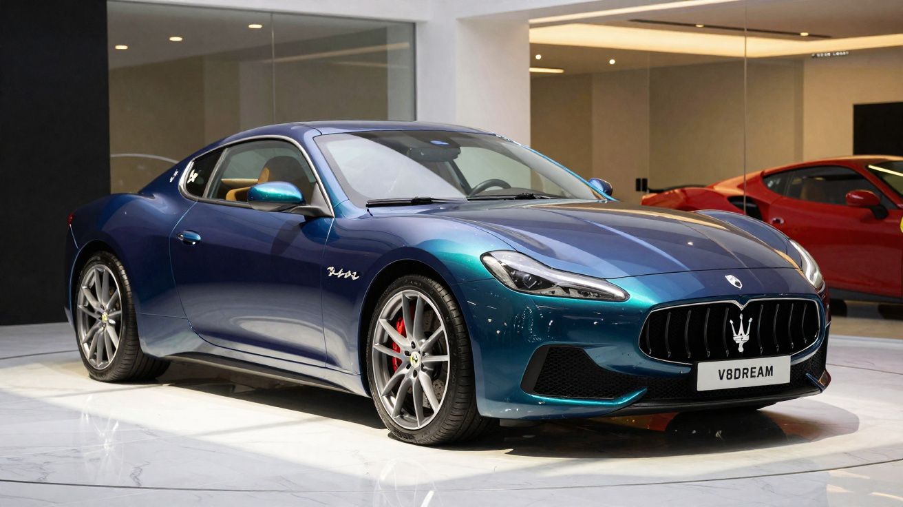 Coche deportivo Maserati azul metálico expuesto en un concesionario con otro coche rojo al fondo.