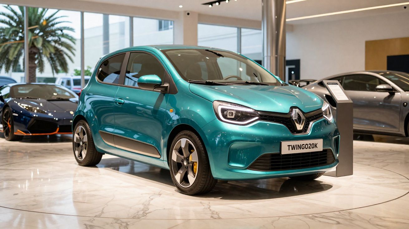 Coche eléctrico Renault Twingo en exhibición en un concesionario moderno con suelos de mármol.