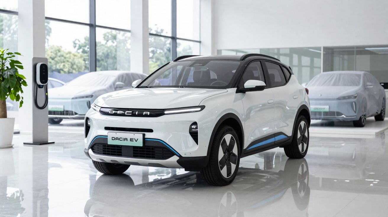 Coche eléctrico blanco Dacia EV en exposición con cargador y otros vehículos cubiertos al fondo.