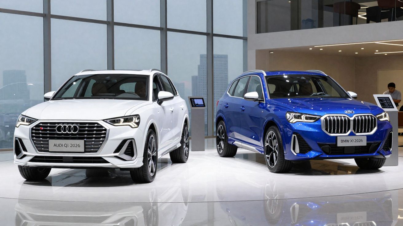 Dos coches SUV, Audi Q6 blanco y BMW X1 azul, expuestos en un salón del automóvil moderno.
