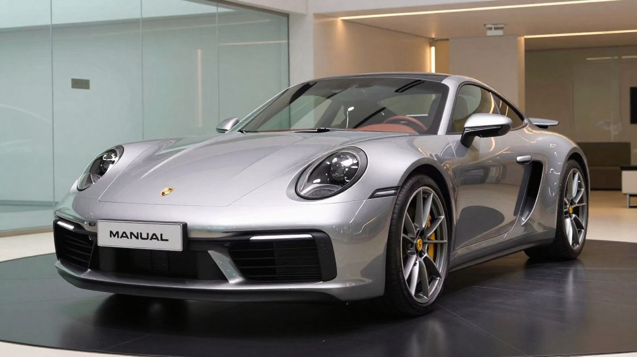 Coche deportivo Porsche gris metalizado estacionado en un espacio interior moderno y luminoso.