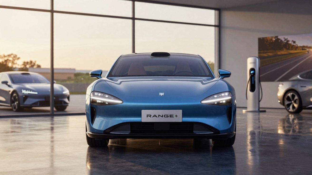 Coche eléctrico azul brillante en primer plano dentro de un showroom moderno con ventanales grandes.