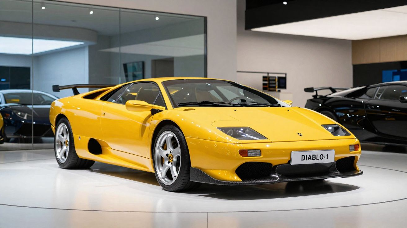 Coche deportivo Lamborghini Diablo amarillo expuesto en un museo con otro coche negro al fondo.
