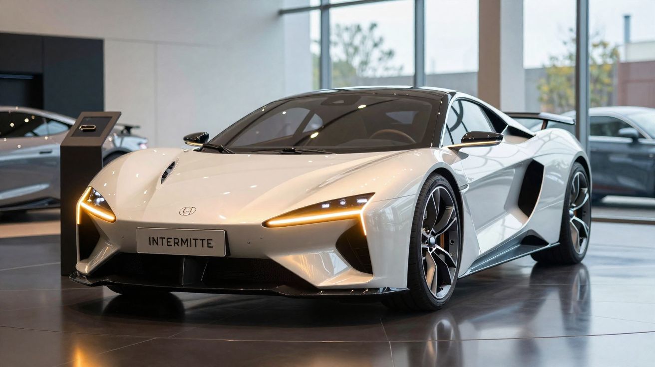 Coche deportivo blanco con luces LED encendidas en un concesionario moderno con grandes ventanales.