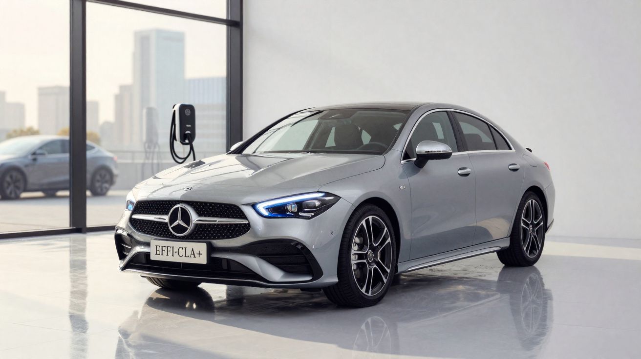 Coche Mercedes-Benz gris estacionado junto a un cargador eléctrico en un espacio interior moderno y luminoso.