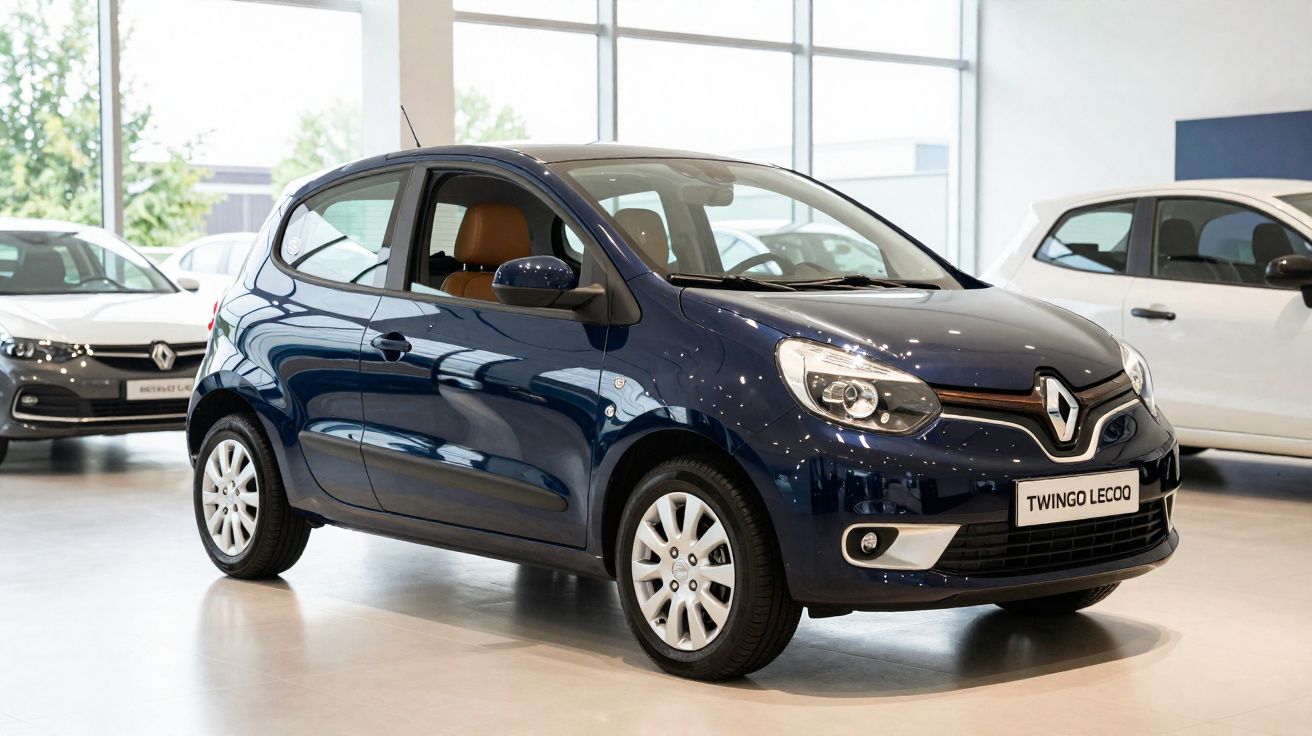 Coche urbano Renault Twingo azul oscuro aparcado en un concesionario con interiores modernos y luminosos.