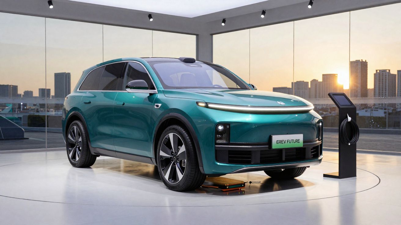 Coche eléctrico verde azul en exposición interior con fondo de ciudad al atardecer y cargador cercano.