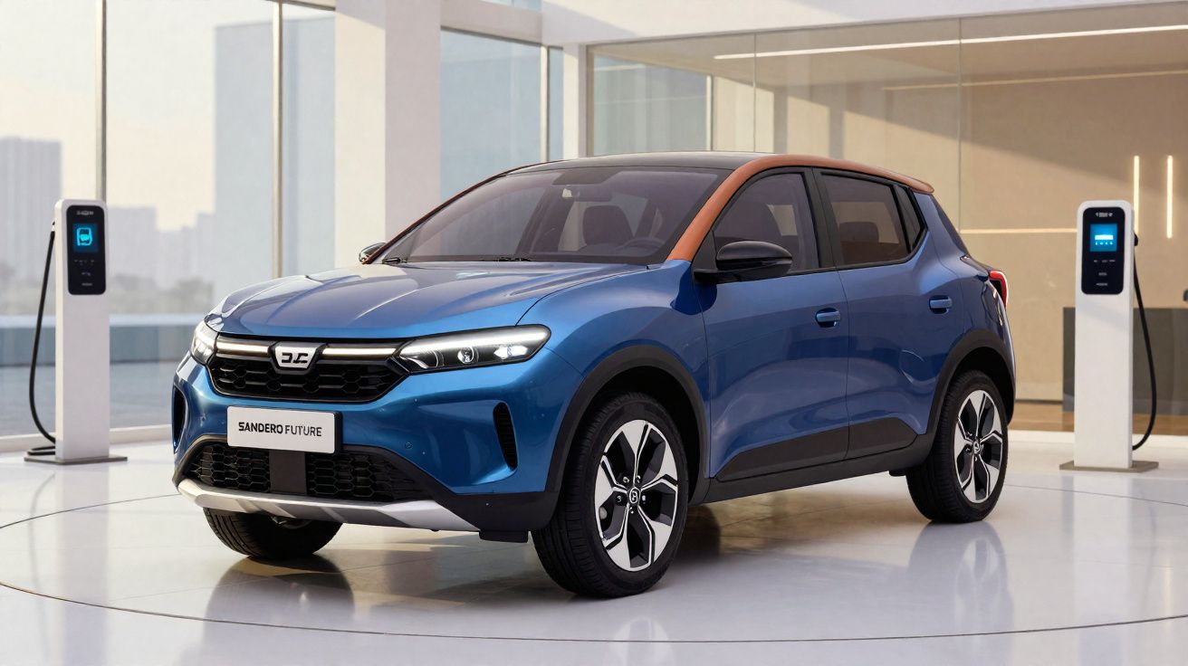 Coche eléctrico azul con detalles naranjas cargando en una estación de carga moderna y luminosa.