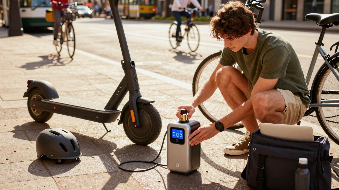 Persona cargando la batería de un patinete eléctrico en la calle con casco y mochila al lado.