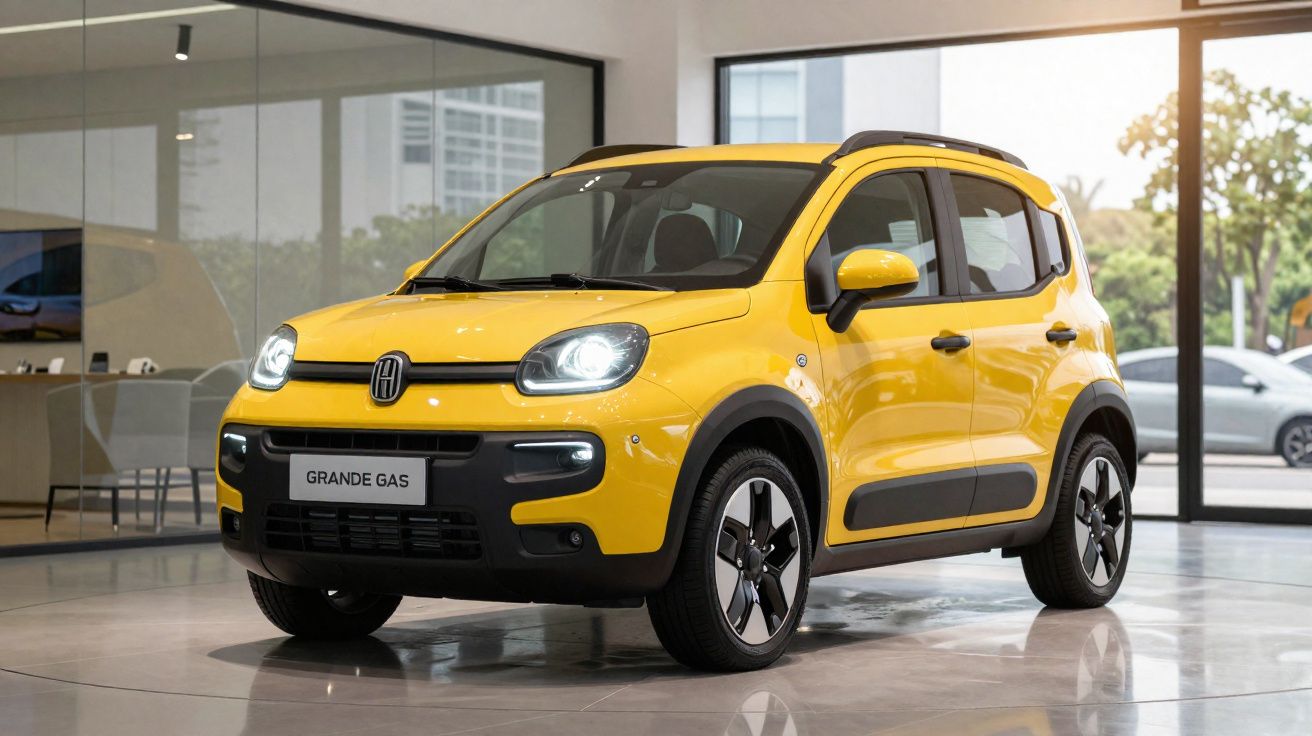 Coche urbano amarillo modelo Grande Gas estacionado en un concesionario con grandes ventanales.