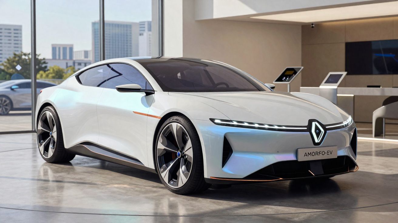 Coche deportivo eléctrico blanco Renault AMORFO-EV en exhibición en un espacio moderno y luminoso.