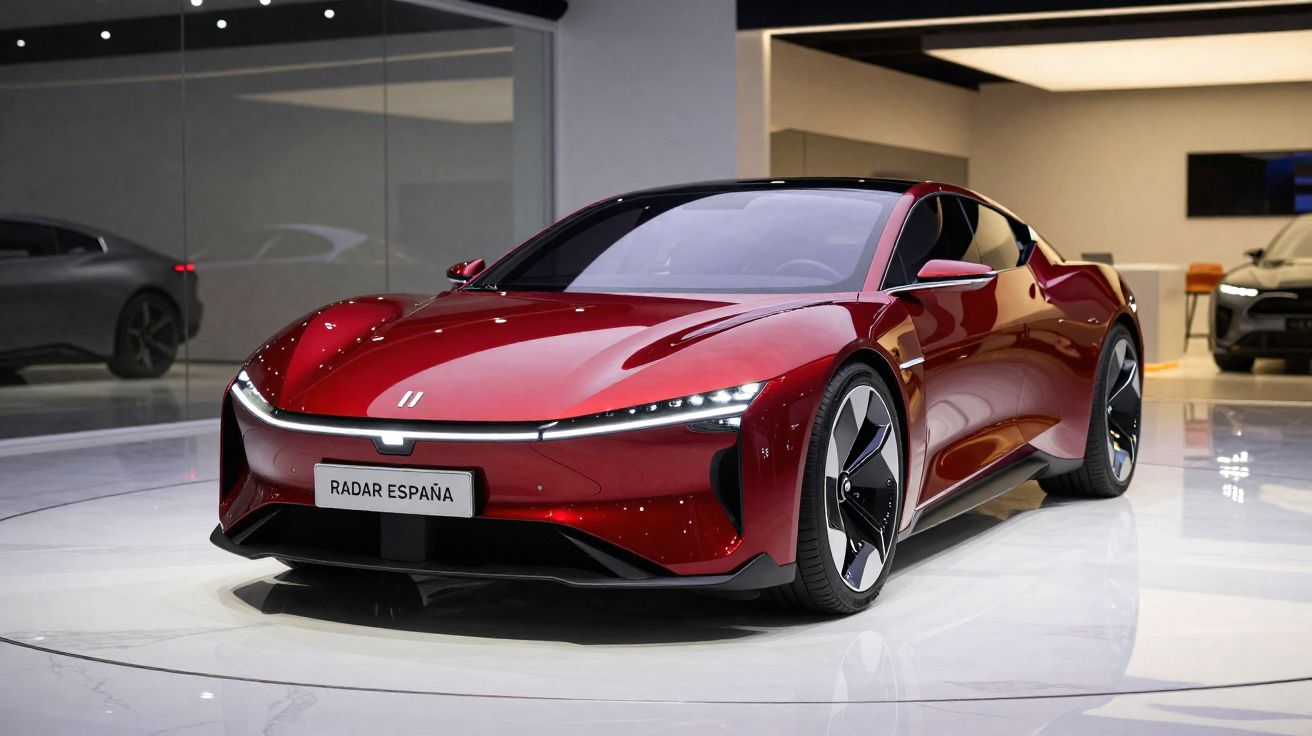Coche deportivo eléctrico rojo brillante en exposición con diseño aerodinámico y luces LED delgadas.
